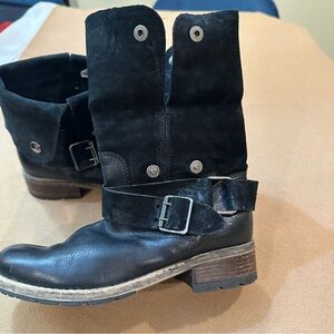 Clarks Women Black Foldover Leather/Suede Cuff Bikers Buckle Booties Boots Size7